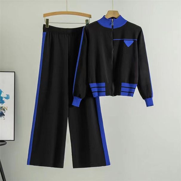 Fashion European-USA Style Tracksuits Women Stand Collar Long Sleeve Zipper Jacket+High Waist Straight Type Pants Knit Splicing 2 Piece Casual Suits_ecoleips.com