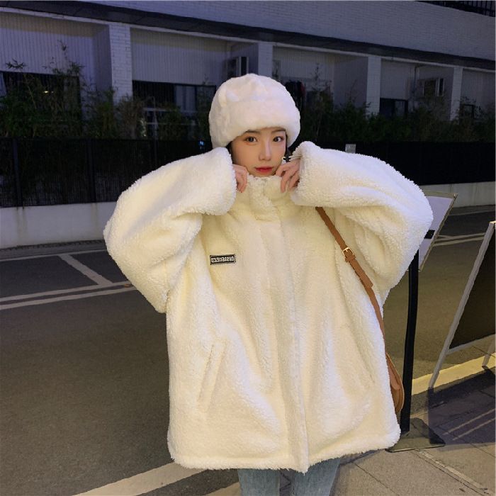 Women's Fleece-Lined Puffer Jacket With Stand Collar & Letter Print (White, S-2XL)_ecoleips.com