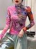 Size S-4XL Women's Long Sleeve Turtleneck Mesh T-shirt Women's Positioning Flower TShirts Female High Stretch Slim Top_ecoleips.com