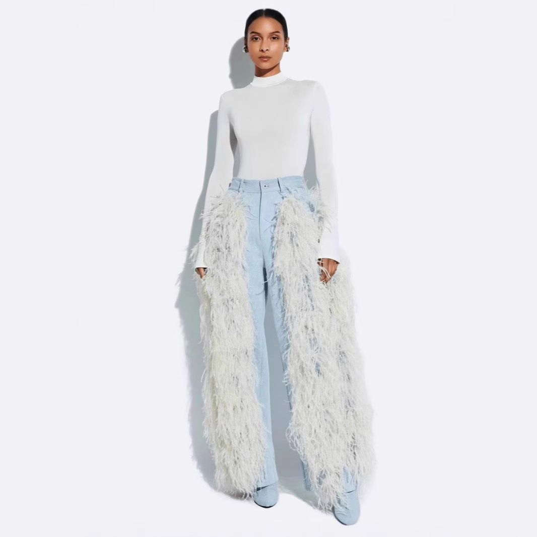 Stretch Straight Leg Jeans With Faux Fur & Edgy Patchwork Design - High Waist Comfort Denim For Trendsetters (Blue, S-2XL)_ecoleips.com