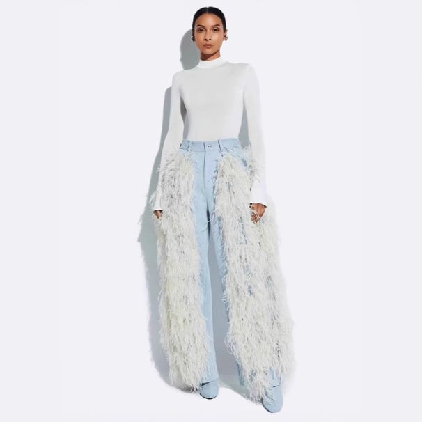 Stretch Straight Leg Jeans With Faux Fur & Edgy Patchwork Design - High Waist Comfort Denim For Trendsetters (Blue, S-2XL)_ecoleips.com