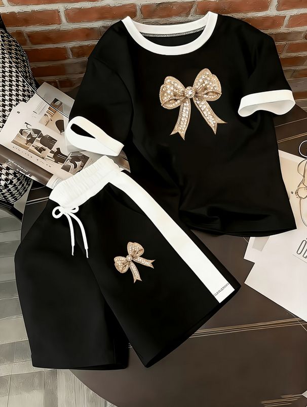 Women's Luxury Style Gold Rhinestone Studded Two Piece Set Short Sleeve Top And Shorts Casual Outfit With Large Bow Print_ecoleips.com