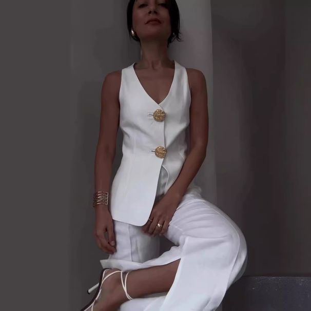 Women's Elegant Solid Color V-Neck Sleeveless Vest High Waisted Wide Leg Pants Suit_ecoleips.com