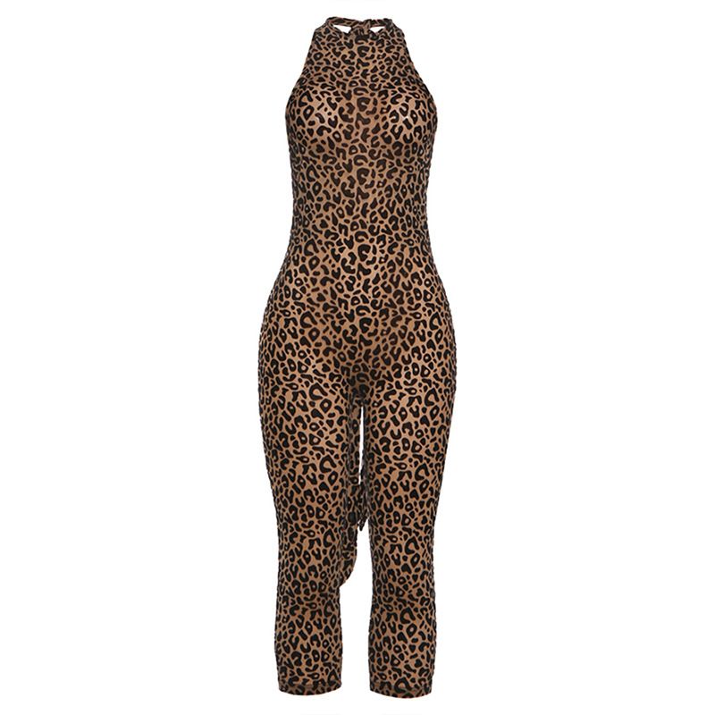 Women's Animal Print Halter Neck Tie Back Jumpsuit, Sexy Backless Wide Leg Romper, High Waisted Stretchy Bodysuit For Party_ecoleips.com