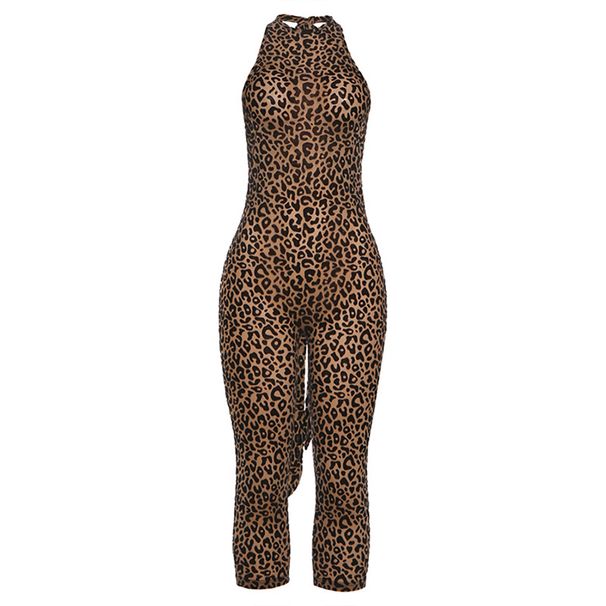 Women's Animal Print Halter Neck Tie Back Jumpsuit, Sexy Backless Wide Leg Romper, High Waisted Stretchy Bodysuit For Party_ecoleips.com
