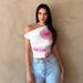 Hibiscus Flower Print Asymmetrical Neckline Short Top for Women Sexy European American Style Hot Girl Waist Design Vest Top_ecoleips.com