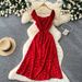 Women's Sweetheart Square Neck Polka Dot Midi Dress High Waist Puff Sleeves Charming Casual Vintage Dress_ecoleips.com