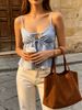 Women Blue White Striped Spaghetti Strap Cami Top, Front Tie Keyhole Peplum Flowy Babydoll Summer Tank Top_ecoleips.com