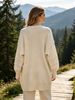 Cream V Neck Pit Rib Knit Tunic, Oversized Loose Lightweight Breathable Soft Skin-touch Pocket Long Sweater_ecoleips.com