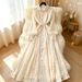 Women's European American Style Long Sleeve Fitted Waist Tie A-Line Maxi Dress Heavy Embroidery Beaded Lace New_ecoleips.com