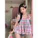 Dopamine Girl Camisole Shirt Women's Summer New Design Sweet Tie-Up Plaid Short Top_ecoleips.com