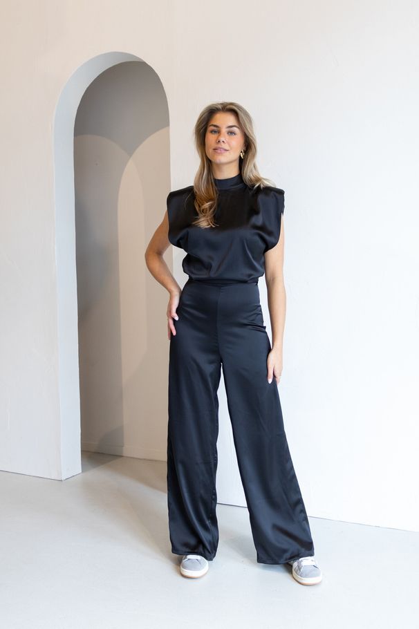 Women's Clothing Women's Solid Color Wide Leg Jumpsuit With Backless Design & Shoulder Pads – Sleeveless, Loose Fit, Elegant & Comfortable For Summer_ecoleips.com