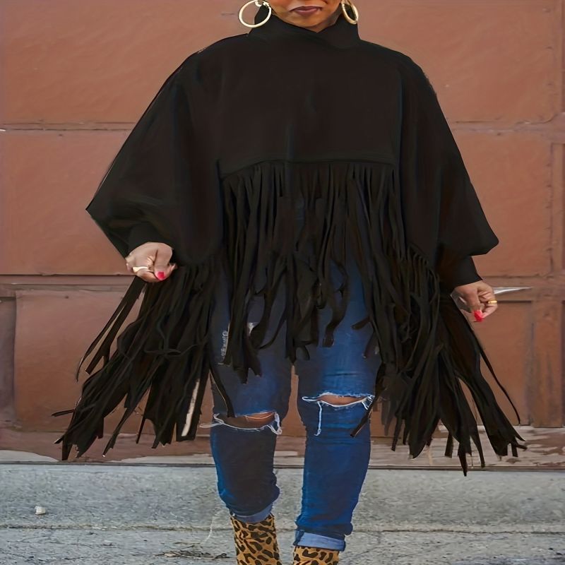 Women's Oversized High-Neck Pullover Sweater, Vintage Fringe Detail Long Sleeve Tunic Top, Soft Suede-Like Fabric For Fall & Winter_ecoleips.com