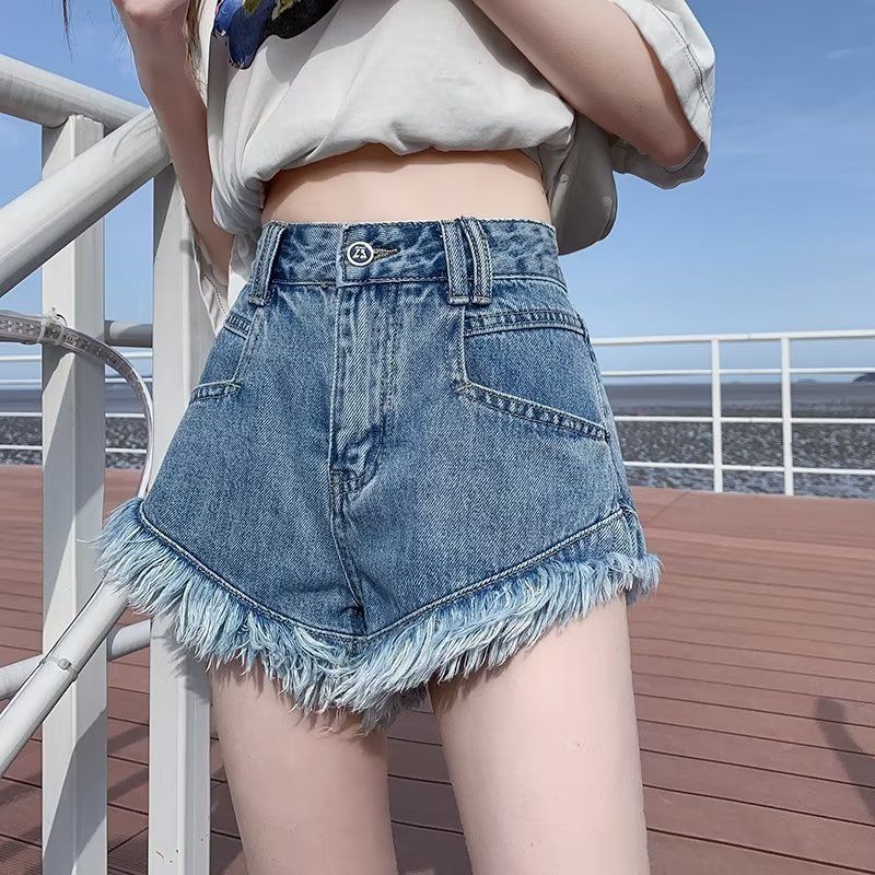 Women’s Clothing Summer New Style Small Pink Denim High Waist Hot Girl Raw Edge Loose Shorts New Style Tassel Hot Pants_ecoleips.com