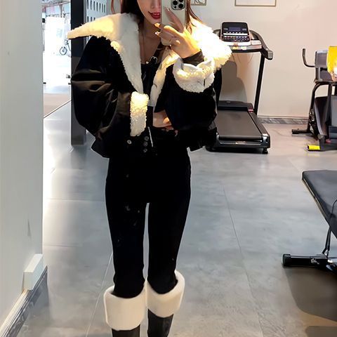 girl Black Corduroy Large Lapel Lamb Wool Coat For Women, Short Winter Style, Petite Size, Fleece-Lined, Thickened Top,_ecoleips.com
