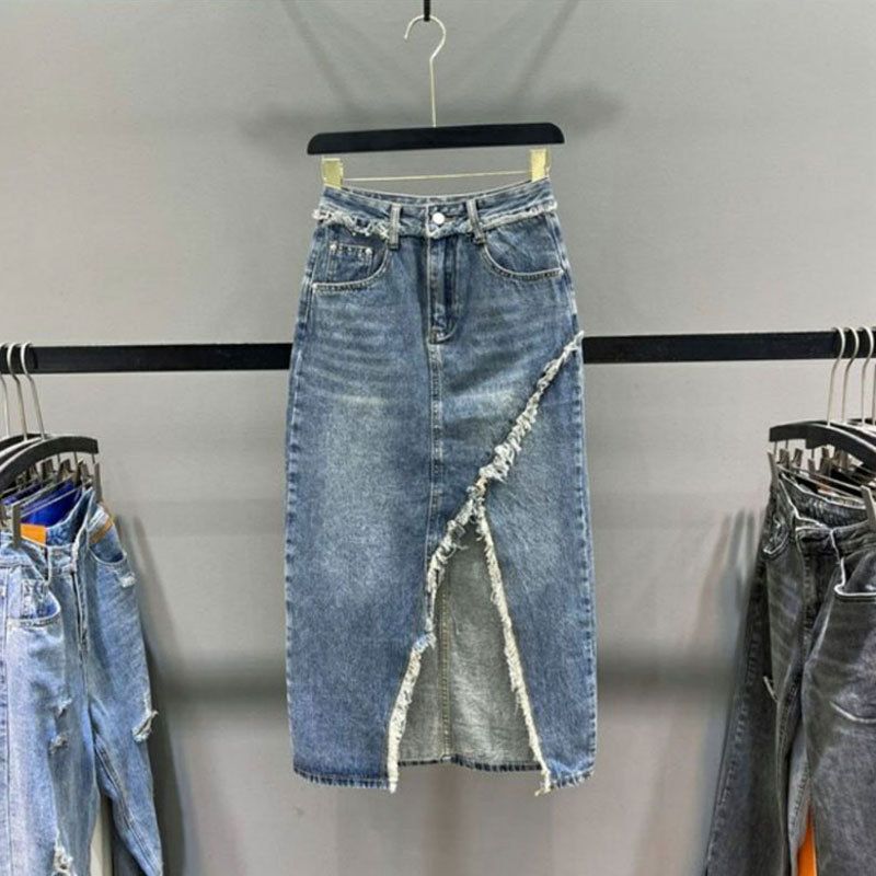 High Waist Denim Midi Skirt Irregular Design Sexy Slits Frayed Edges mid Length a Line Bodycon for Women Instagram Worthy_ecoleips.com