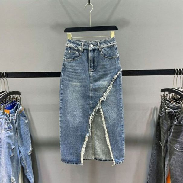 High Waist Denim Midi Skirt Irregular Design Sexy Slits Frayed Edges mid Length a Line Bodycon for Women Instagram Worthy_ecoleips.com