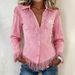 Women's Clothing Western-Inspired Suede Fringe Shirt – Slim-Fit Long-Sleeve Blouse With Burnout Detailing_ecoleips.com