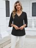 K Fashionable Mid Sleeve Pleated V-neck Loose Fitting Women's Top_ecoleips.com