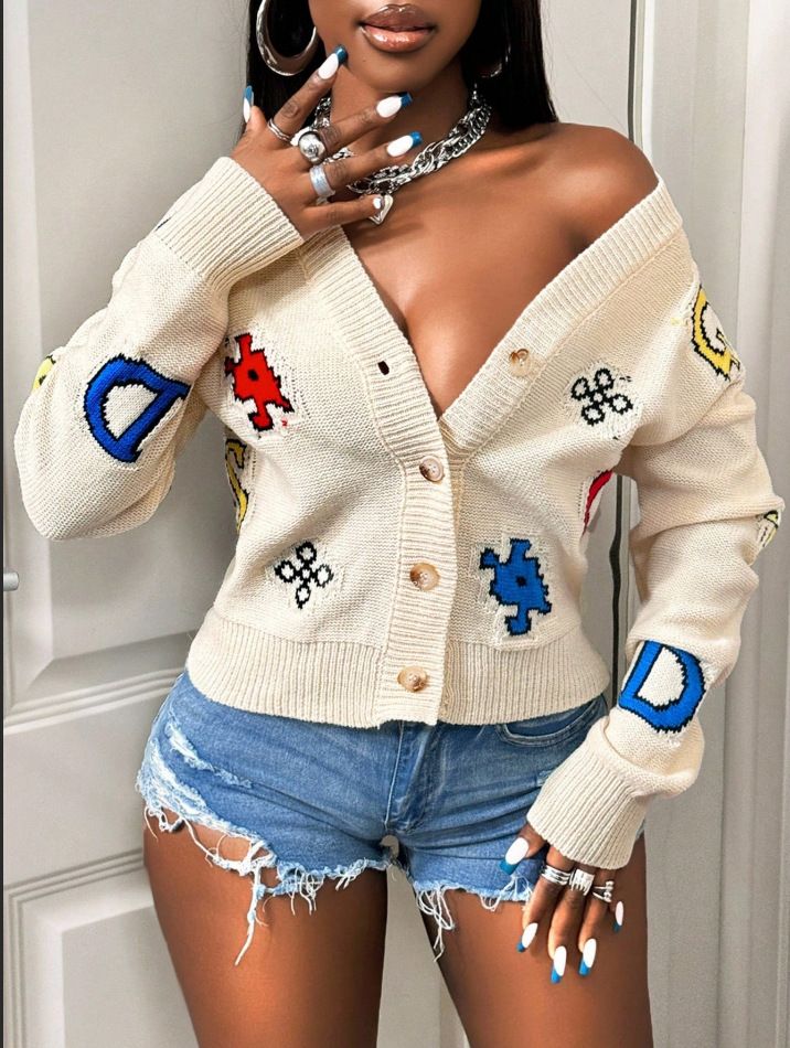 Halloween-Inspired Jacquard Cardigan – Oversized Cropped Knit With Playful Typography (S/M/L, Acrylic Cozy, Streetwear Staple)_ecoleips.com