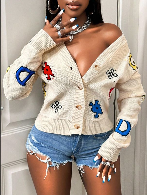 Halloween-Inspired Jacquard Cardigan – Oversized Cropped Knit With Playful Typography (S/M/L, Acrylic Cozy, Streetwear Staple)_ecoleips.com