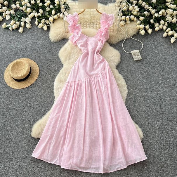French Style Ruffled Square Neck High Waisted Slimming Long Dress Korean Summer Elegant Vacation Style for Women_ecoleips.com