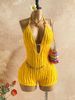 Women's Hollow Back One-Piece Swimsuit - Sexy Deep V Neck Crinkle Texture Monokini With Halter Neck For Beach Vacation_ecoleips.com