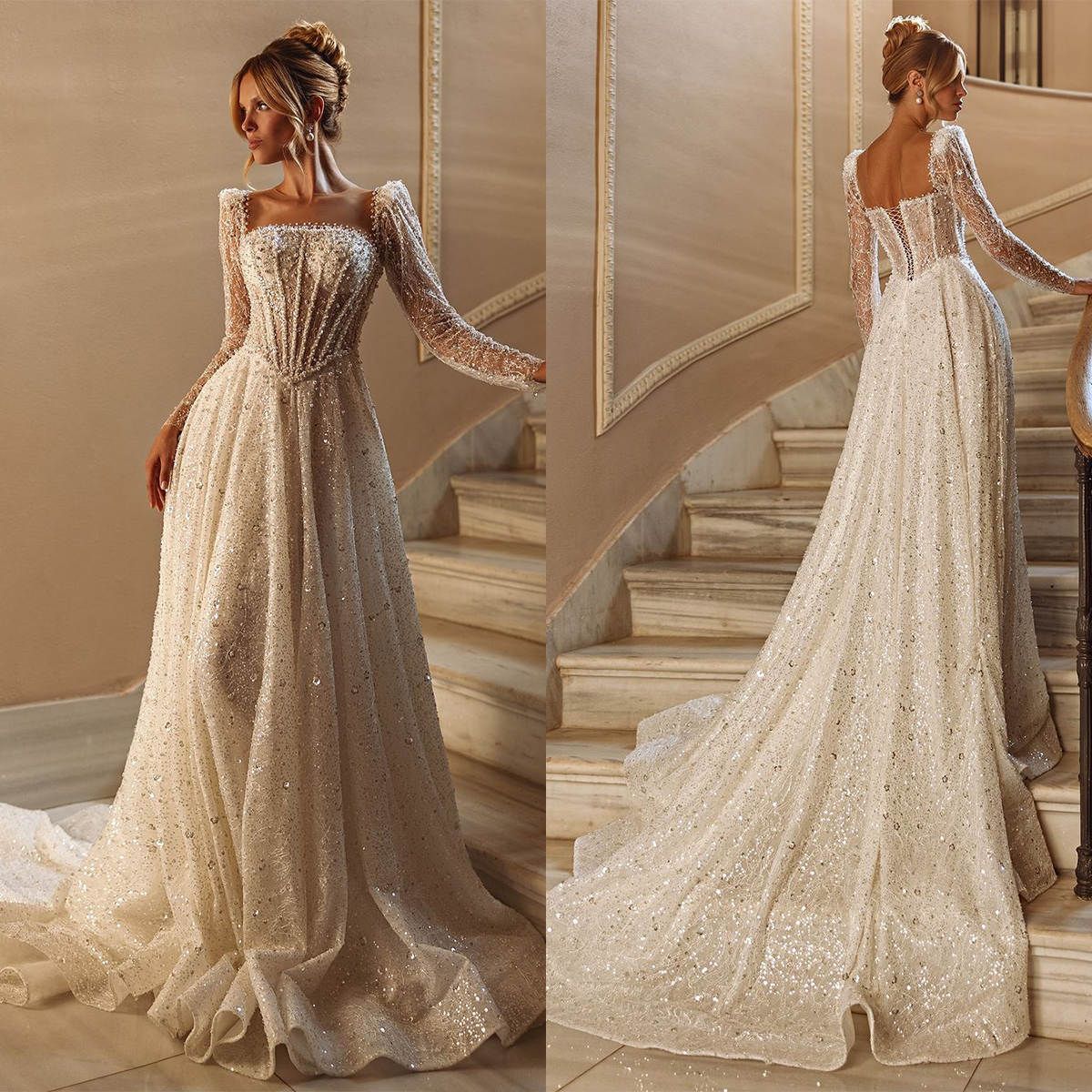 Women's Clothing Elegant Backless Long Sleeved Sequined Lace Wedding Dress Floor Length A-Line Vestedo Dreamy Bride Party Wear_ecoleips.com