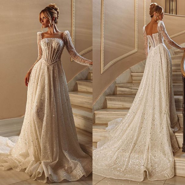 Women's Clothing Elegant Backless Long Sleeved Sequined Lace Wedding Dress Floor Length A-Line Vestedo Dreamy Bride Party Wear_ecoleips.com