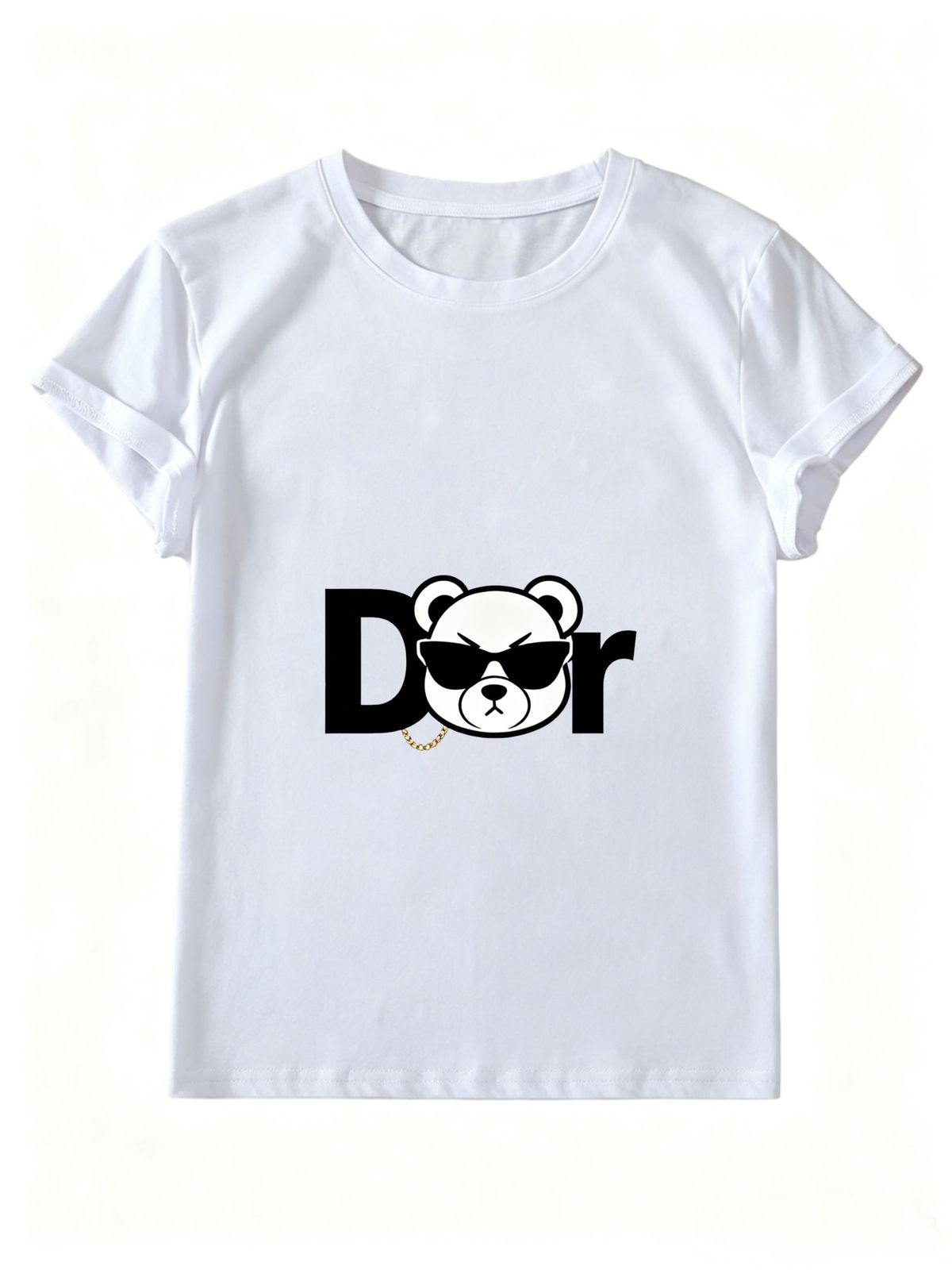 Women Summer Crew Neck Short Sleeve T-Shirt, Cool Sunglasses DR Bear Gold Chain Letter Graphic Casual White Loose Streetwear Hip Hop Tee Top_ecoleips.com