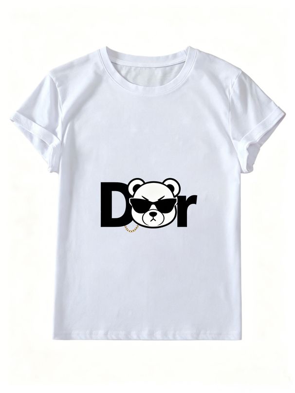 Women Summer Crew Neck Short Sleeve T-Shirt, Cool Sunglasses DR Bear Gold Chain Letter Graphic Casual White Loose Streetwear Hip Hop Tee Top_ecoleips.com