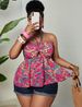 Curvy Women Vacation Print Halter Twist Tank Top, Waist Cinched Ruffle Hem Sleeveless Slimming Blouse_ecoleips.com