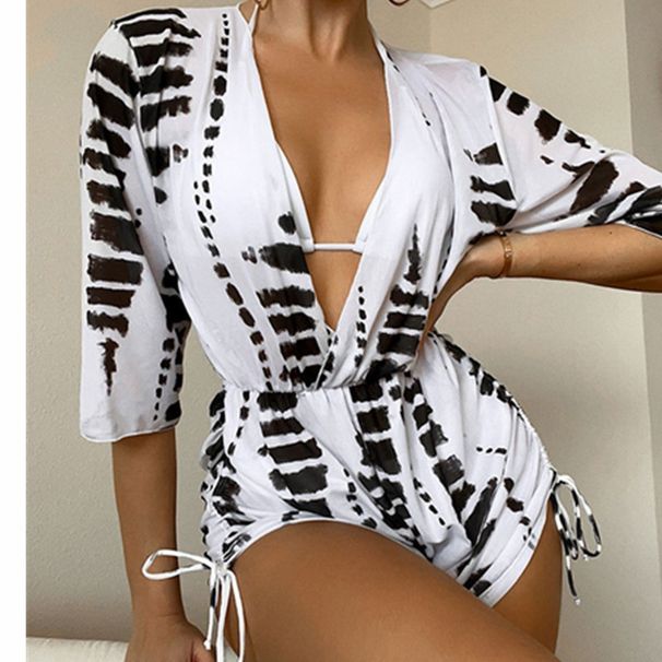 Aria Basics 2025 Long-Sleeve Mesh Waist-Cinching One-Piece Swimsuit High-Waisted Printed Drawstring European And American_ecoleips.com