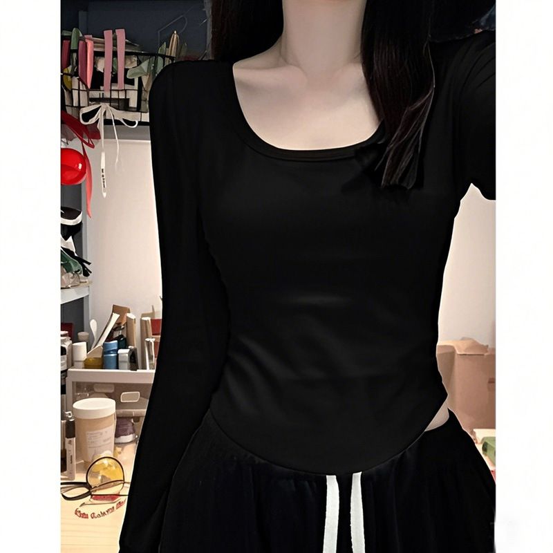 Women's Slim Fit Long Sleeve T-Shirt round Neck Curved Hem Warm Fleece Fabric German Style Winter Top_ecoleips.com