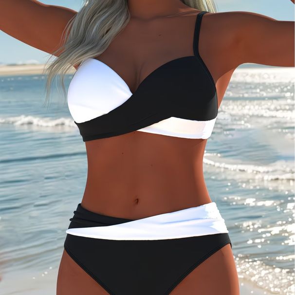 Fashionable Color Block Bikini Swimsuit 2026 Thin Strap Cross Style Wire Free Comfortable for Beach Vacation Women's Clothing_ecoleips.com