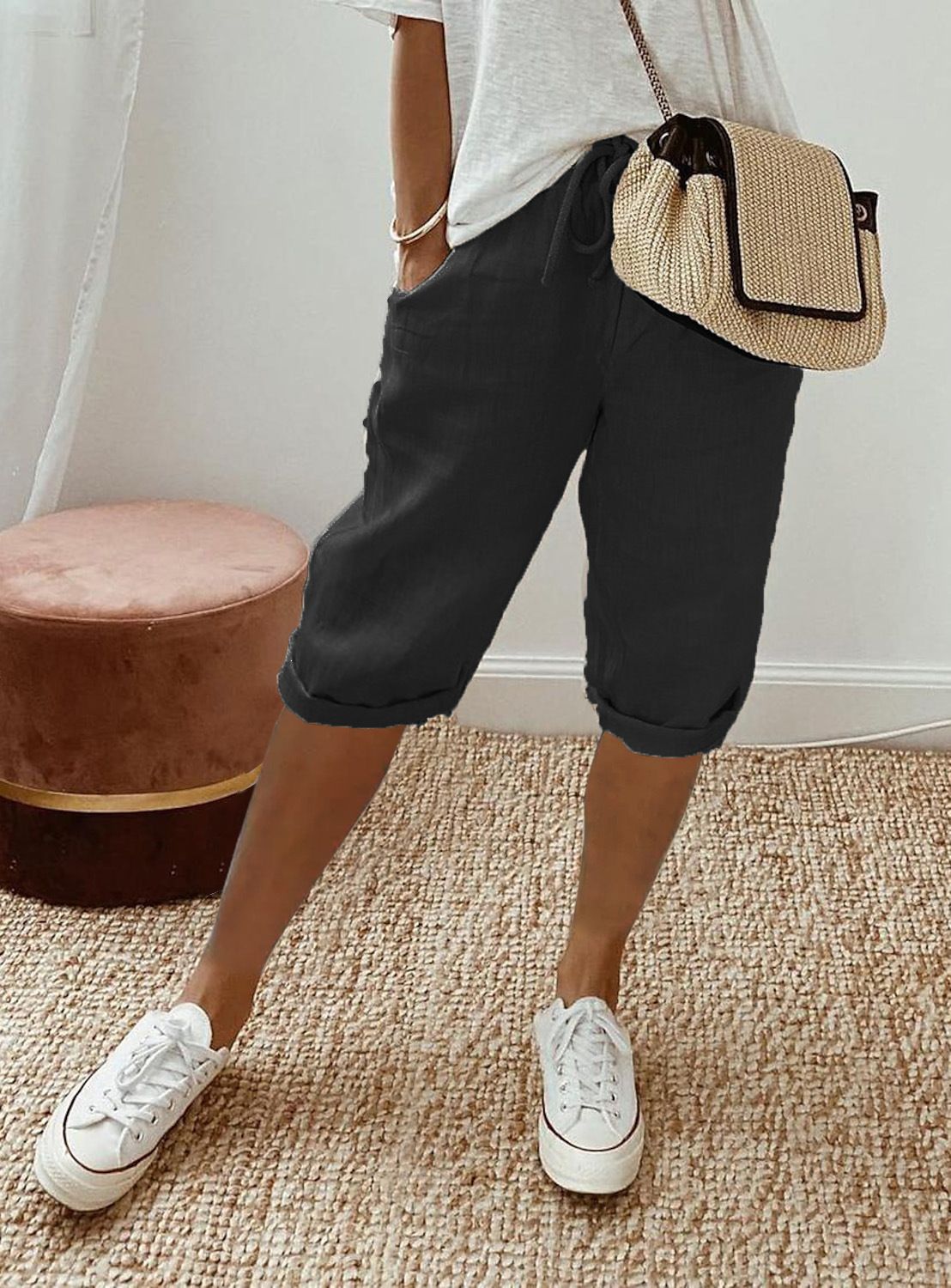 Women's Cotton And Linen Pocket Elastic Casual Pants Women's Pants Shorts_ecoleips.com