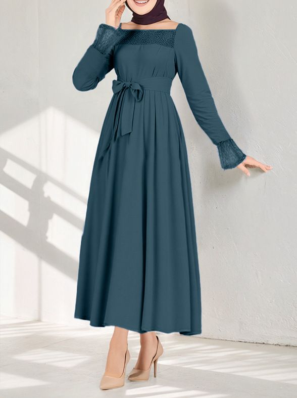 Modest Muslim Abaya Dress With Elegant Lace Trim – Flowy Polyester Maxi Dress In Solid Colors (Lavender, Burgundy, Olive, Beige, Sky Blue)_ecoleips.com