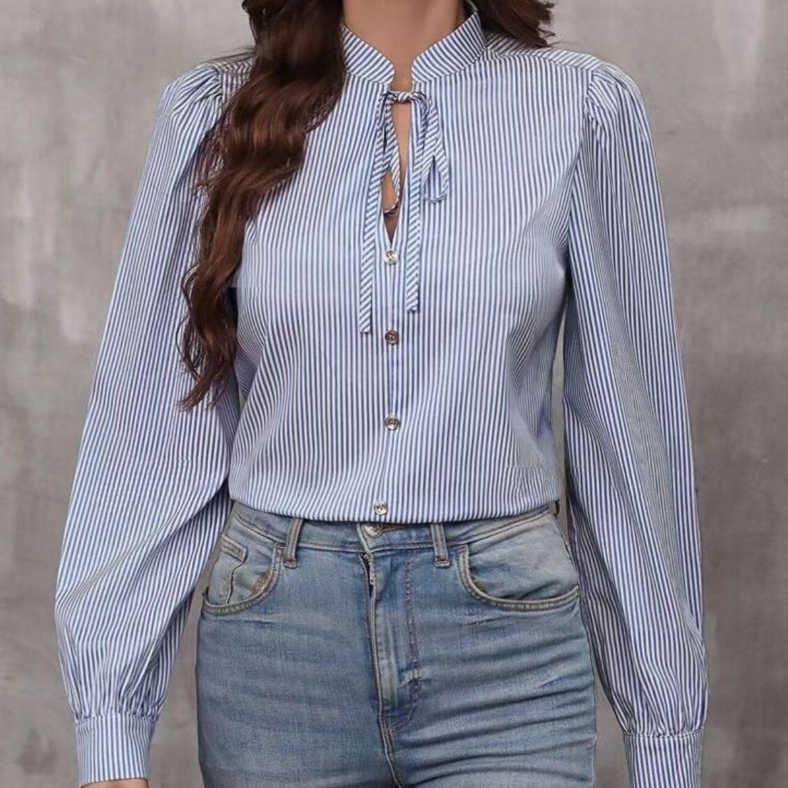 Blue Striped Long Sleeve New Design Versatile Shirt Feel Niche Loose Top_ecoleips.com