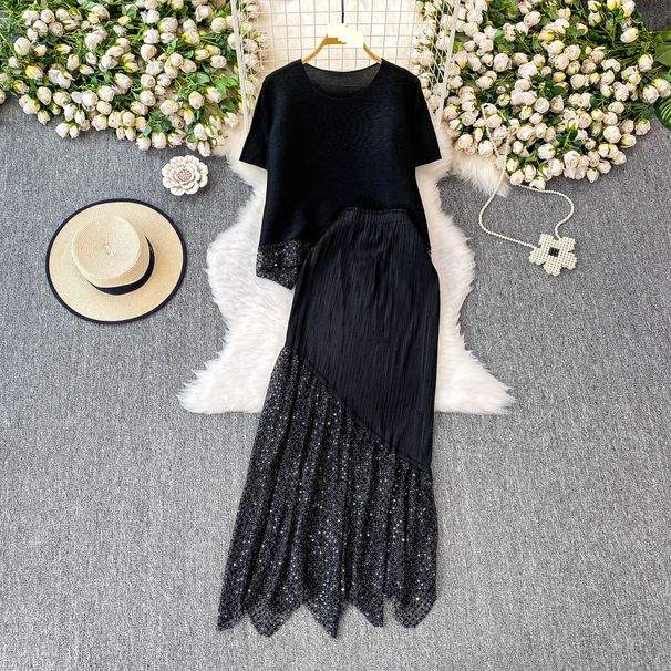 Women's Clothing Solid Color Round Neck Short Sleeved T Shirt Top + High Waist Slim Sequined Patchwork Skirt Two Piece Set_ecoleips.com
