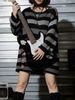 Plus Size Striped Distressed Knit Dress, Oversized Long Sweater, Punk Grunge Style For Curvy Women_ecoleips.com