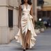 New European And American Independent Website Cross-border Satin V-neck Sleeveless Waist-cinching Ruffle Elegant_ecoleips.com
