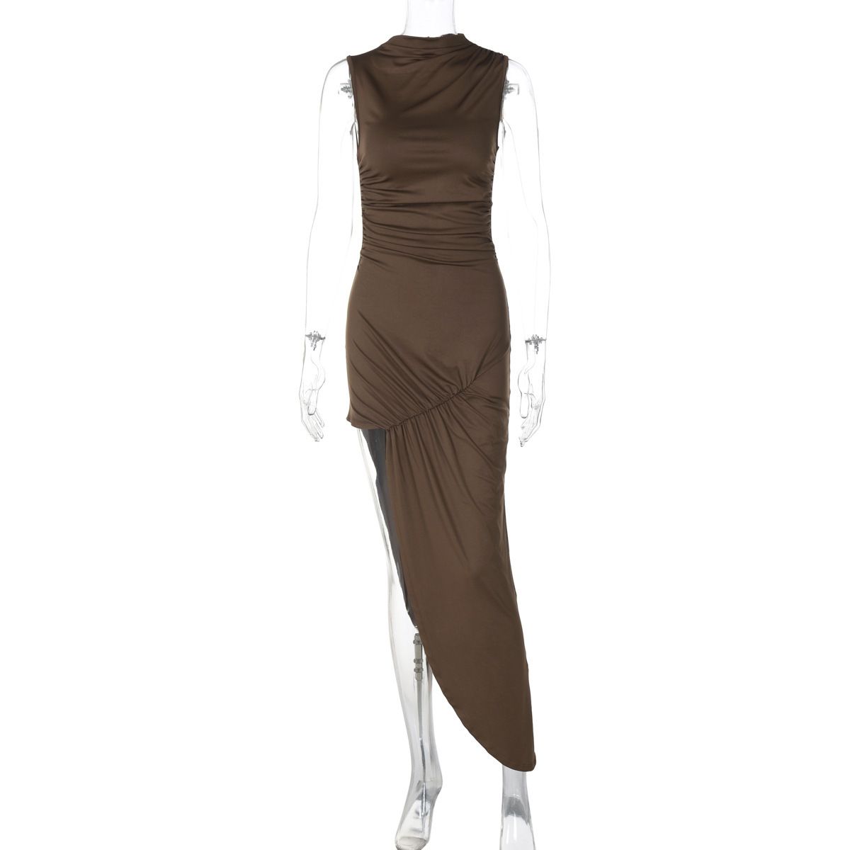 European American 2025 Summer New Fashionable Unique Slim-Fit Ruched Bodycon Dress With Side Slit And Sleeveless Design_ecoleips.com