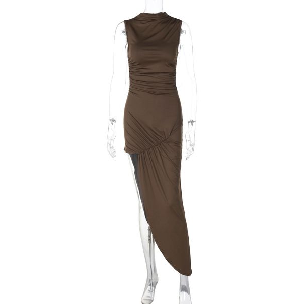 European American 2025 Summer New Fashionable Unique Slim-Fit Ruched Bodycon Dress With Side Slit And Sleeveless Design_ecoleips.com