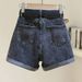 Women's Black Gray Denim Shorts Summer Thin Ins Korean Style Slimming Casual Rolled Hem A-Line Wide Leg Hot Pants_ecoleips.com