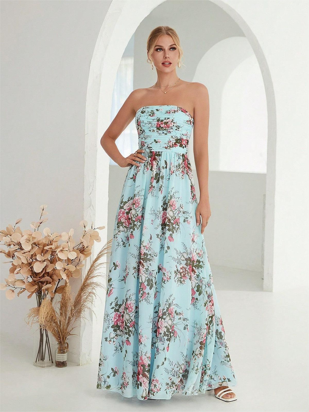 Women's Printed chiffon tube top elegant evening dress prom dress party dress bridesmaid dress_ecoleips.com