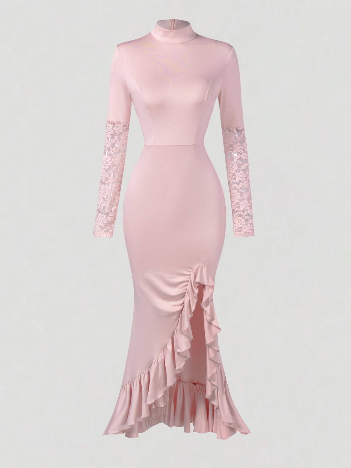 Women MockNeck Long Sleeve Lace Panel Pink Ruffle Slit Mermaid Maxi Dress Elegant Formal Summer Romantic Wedding Guest Slim Dres_ecoleips.com