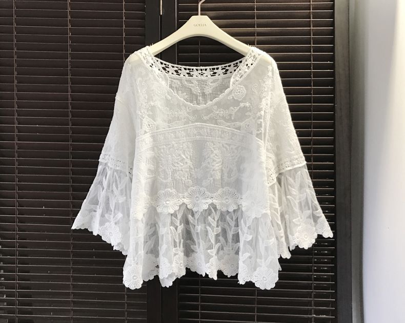 Bell-sleeve Top, Pullover Sun Protection Outerwear, Women's Spring-summer White Mesh Lace Short Chiffon Shirt_ecoleips.com