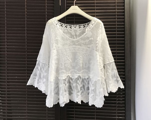 Bell-sleeve Top, Pullover Sun Protection Outerwear, Women's Spring-summer White Mesh Lace Short Chiffon Shirt_ecoleips.com
