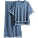 Women's European American Style Two Piece Set Color Blocking Split Short Sleeve Top High Waisted Slimming Wide Leg Pants_ecoleips.com