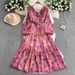 Women's Clothing Retro Print Ruffled V Neck Puff Sleeve Dress Waist Slimming Pleated Long Skirt_ecoleips.com